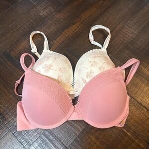Lucky Brand Lace Bra Bundle 34B Pink Floral Cream Underwire Demi Bra Set